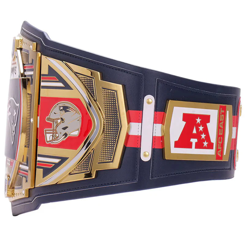 Navy championship belt with gold and red accents on a white background