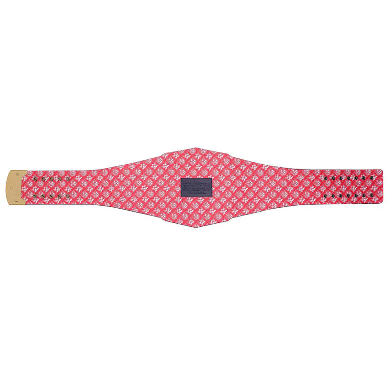 Pink patterned belt with a dark buckle on a white background