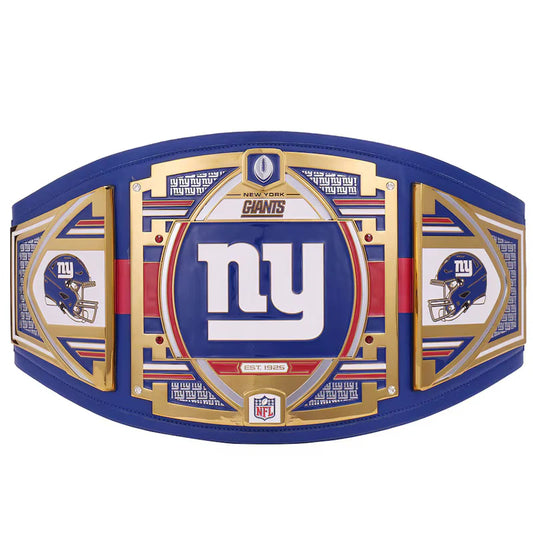 New York Giants championship belt with blue, gold, and red design on a white background