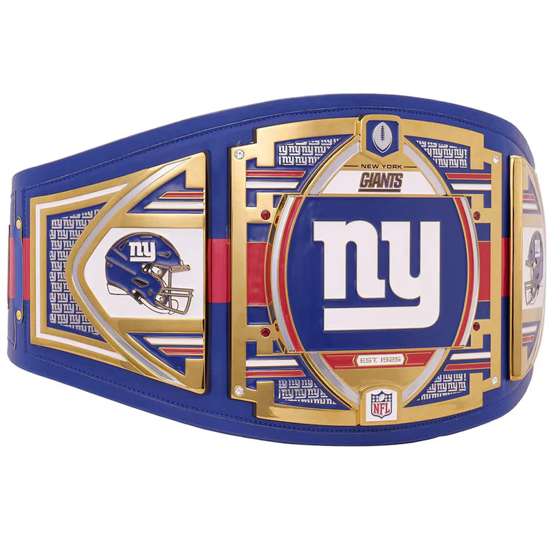 New York Giants championship belt with blue, gold, and red colors on a white background
