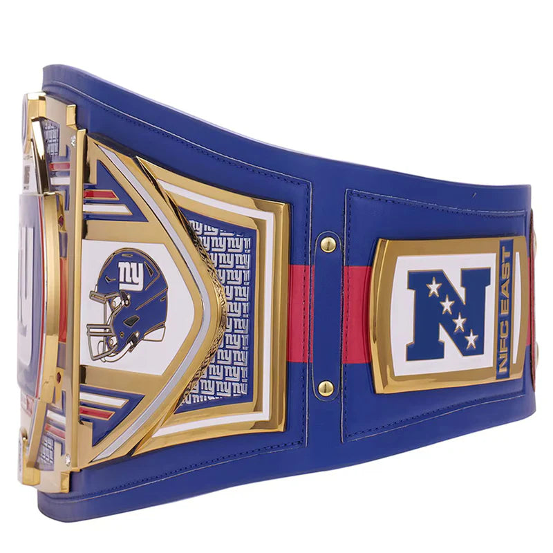 Blue championship belt with gold and red accents featuring a helmet and 'NEC East' logo.