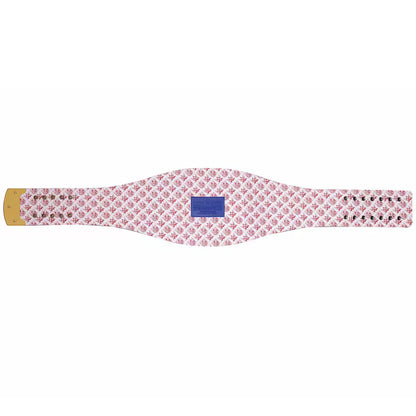 Pink patterned belt with a blue patch on a white background