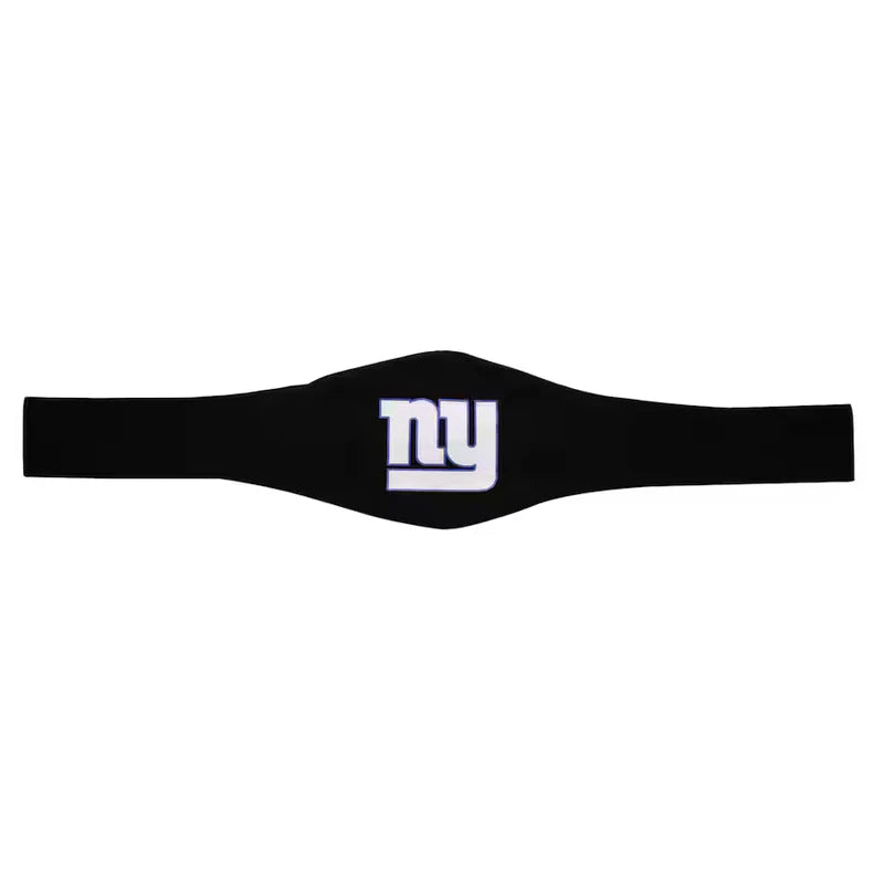 Black headband with a logo on a white background