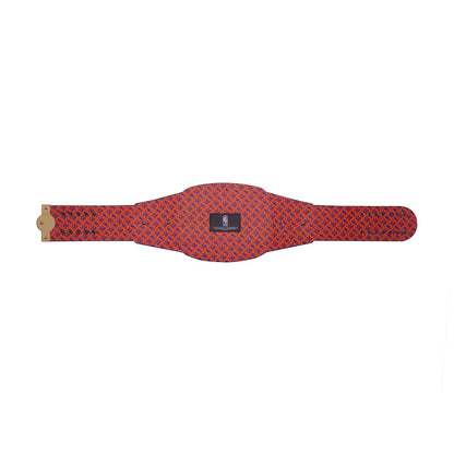 Red patterned belt with a gold buckle on a white background