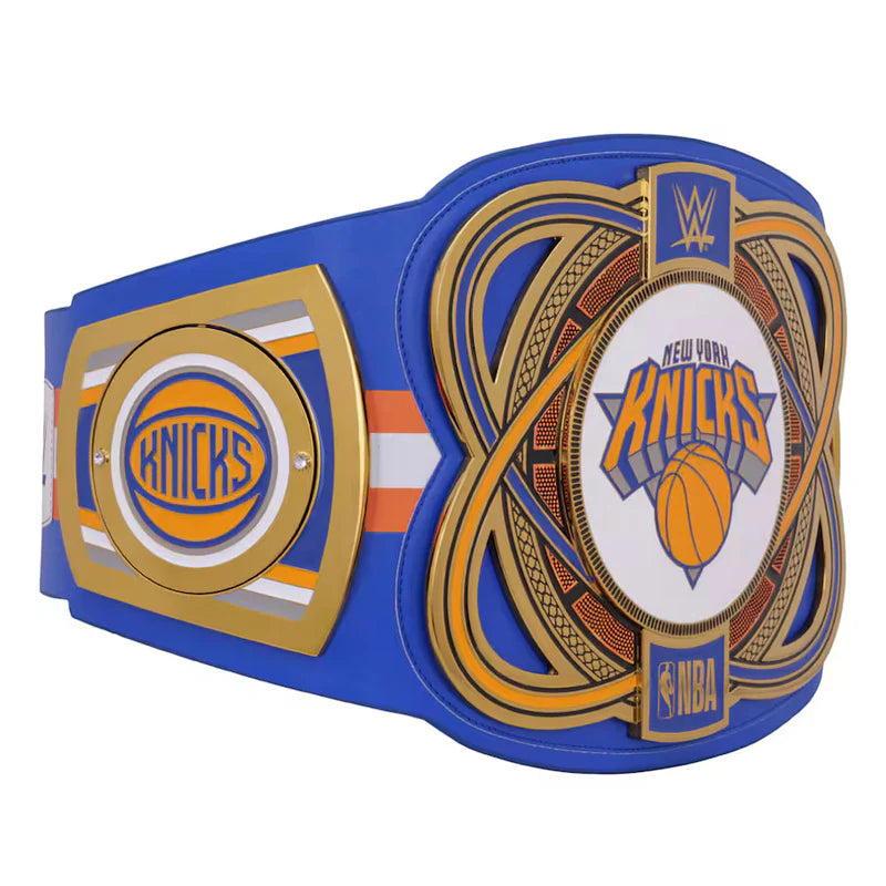 Championship belt with New York Knicks and NBA logos on a white background