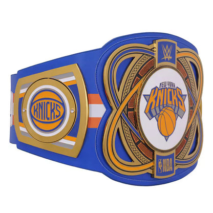 Championship belt with New York Knicks and NBA logos on a white background