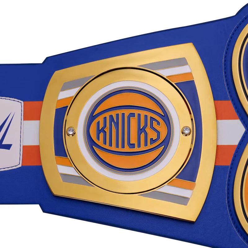 Championship belt with Knicks logo on a blue background