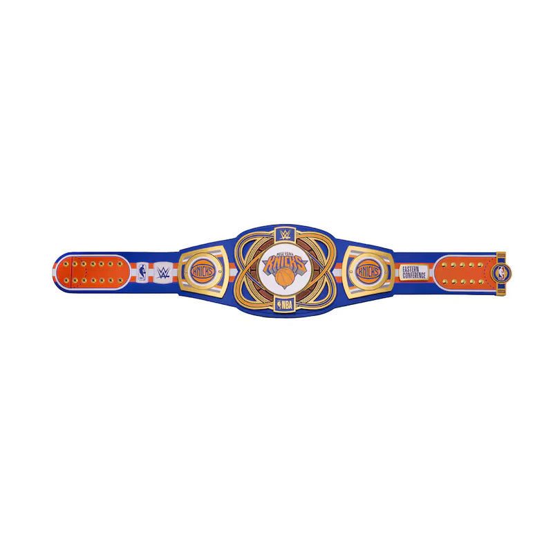 Blue championship belt with gold and orange accents on a white background