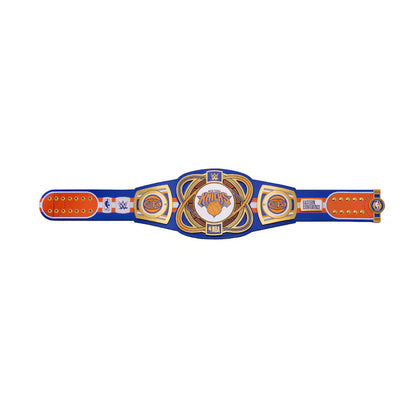 Blue championship belt with gold and orange accents on a white background