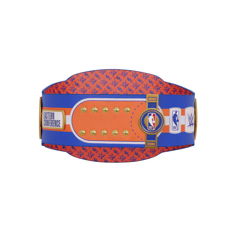Orange and blue championship belt with NBA logo on a white background