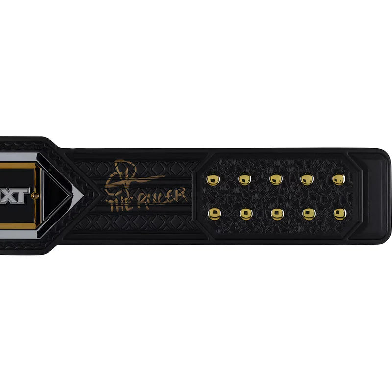 Black championship belt with gold accents and 'The Rukus' branding on a white background