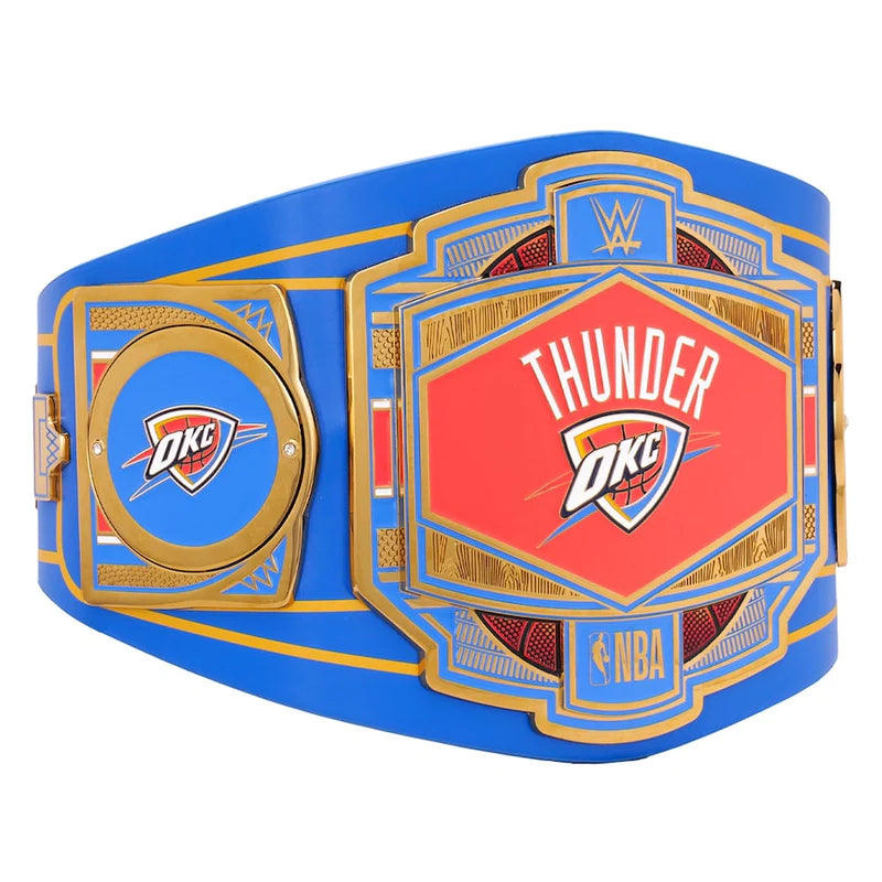 Blue championship belt with red and gold accents featuring NBA and Oklahoma City Thunder logos.