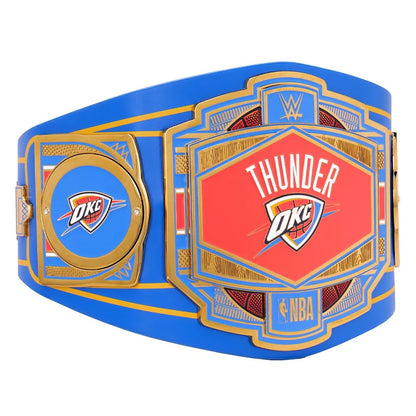 Blue championship belt with red and gold accents featuring NBA and Oklahoma City Thunder logos.
