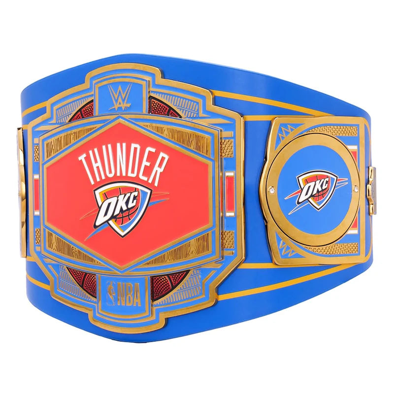 Wrestling championship belt with 'Thunder OKC' and NBA logos on a white background