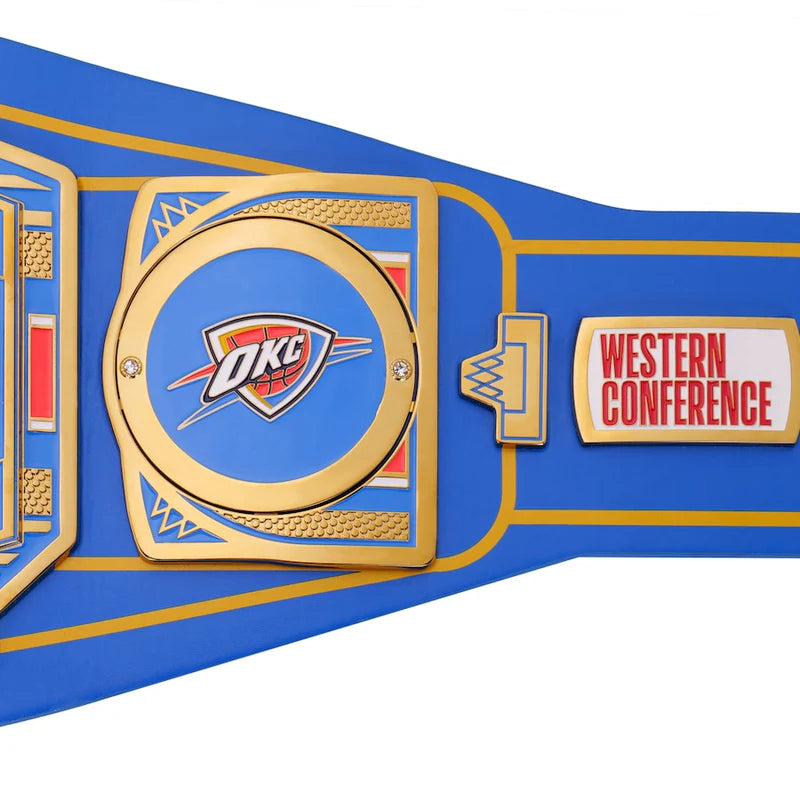 Blue championship belt with gold accents featuring the Oklahoma City Thunder logo and 'Western Conference' text.
