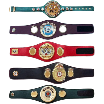 Five championship belts from different organizations on a white background