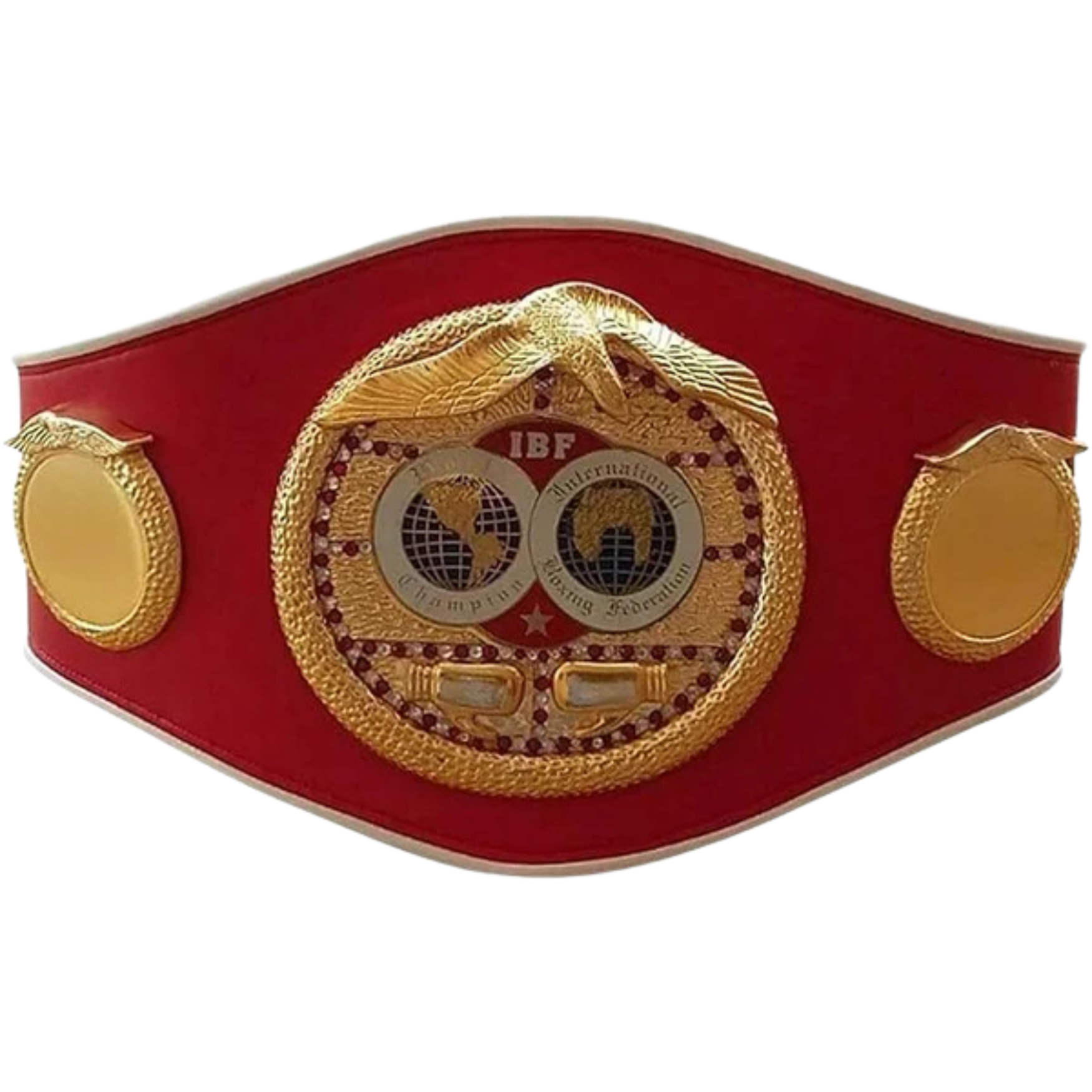 Red boxing belt with gold IBF logo on a white background
