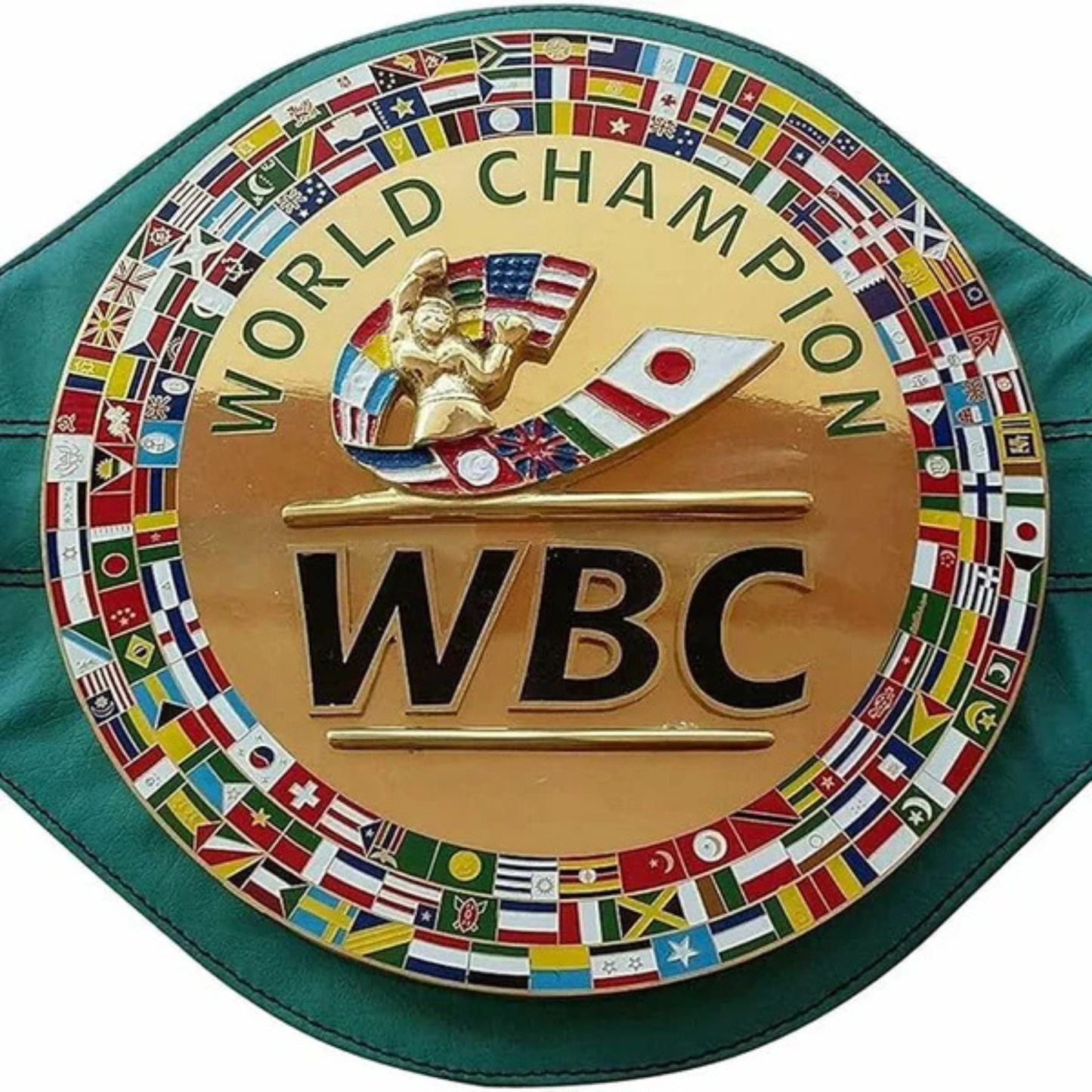 WBC World Champion belt buckle with flags around the rim on a green background
