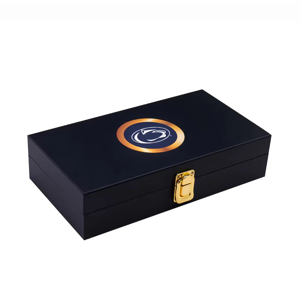 Black wooden box with a gold and blue emblem on a white background Penn State Nittany Lions 16MM Replica Side Plate Box Set