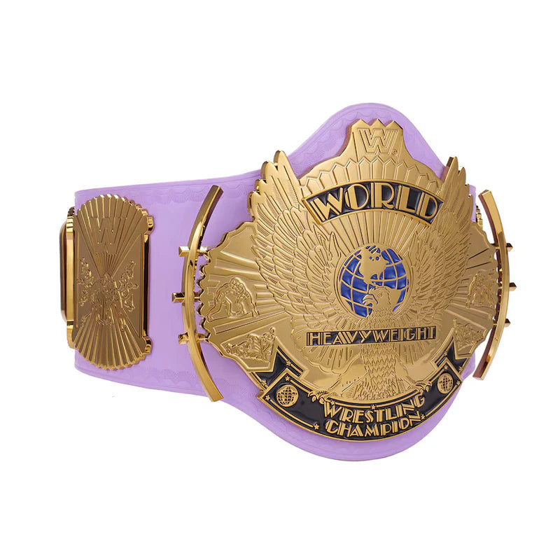 Purple and gold championship belt with detailed design on a white background