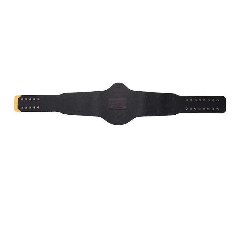 Black weightlifting belt with gold buckle on a white background