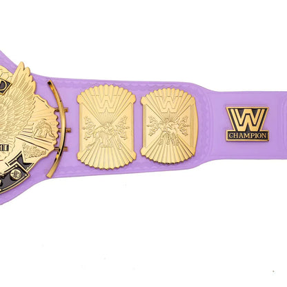 Purple championship belt with gold and black details on a white background