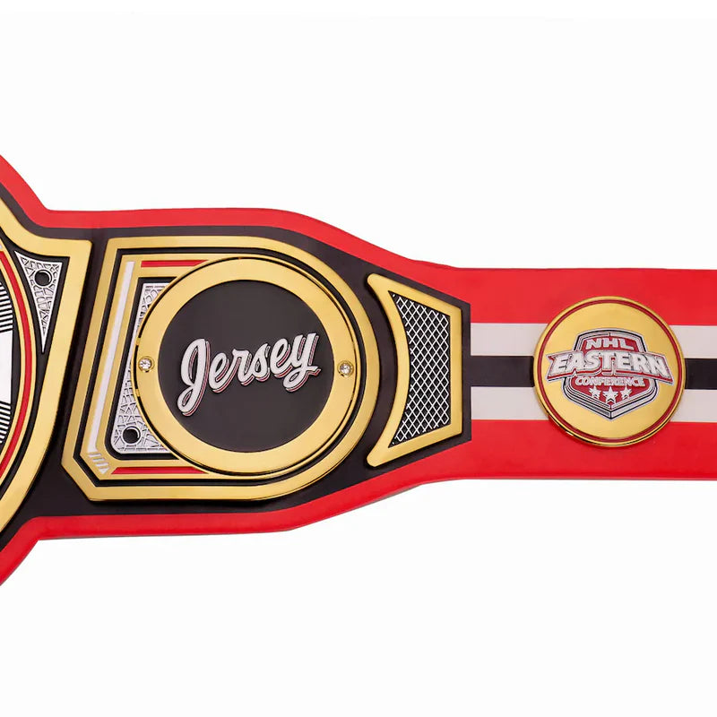 Red and gold championship belt with 'Jersey' and NHL Eastern Conference logos on a white background