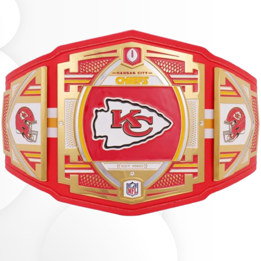 Red and gold championship belt with Kansas City Chiefs logo on a white background