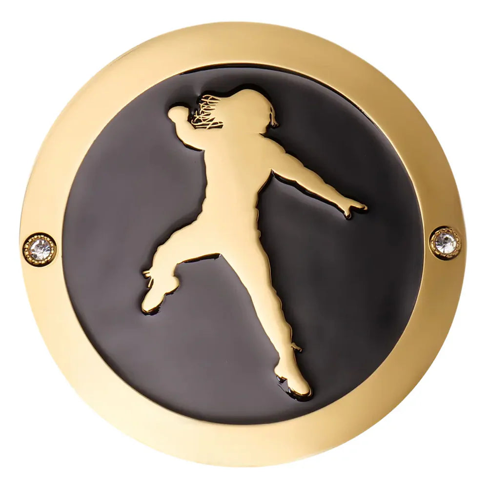 Decorative plaque with gold silhouette of a person and horse on a black background, framed by a gold border.