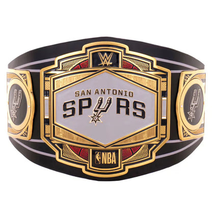 San Antonio Spurs championship belt with NBA and WWE logos on a white background