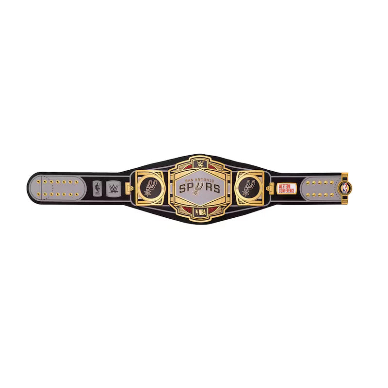 Wrestling championship belt with 'San Antonio Spurs' text on a white background San Antonio Spurs Court Kings WWE Legacy Belt
