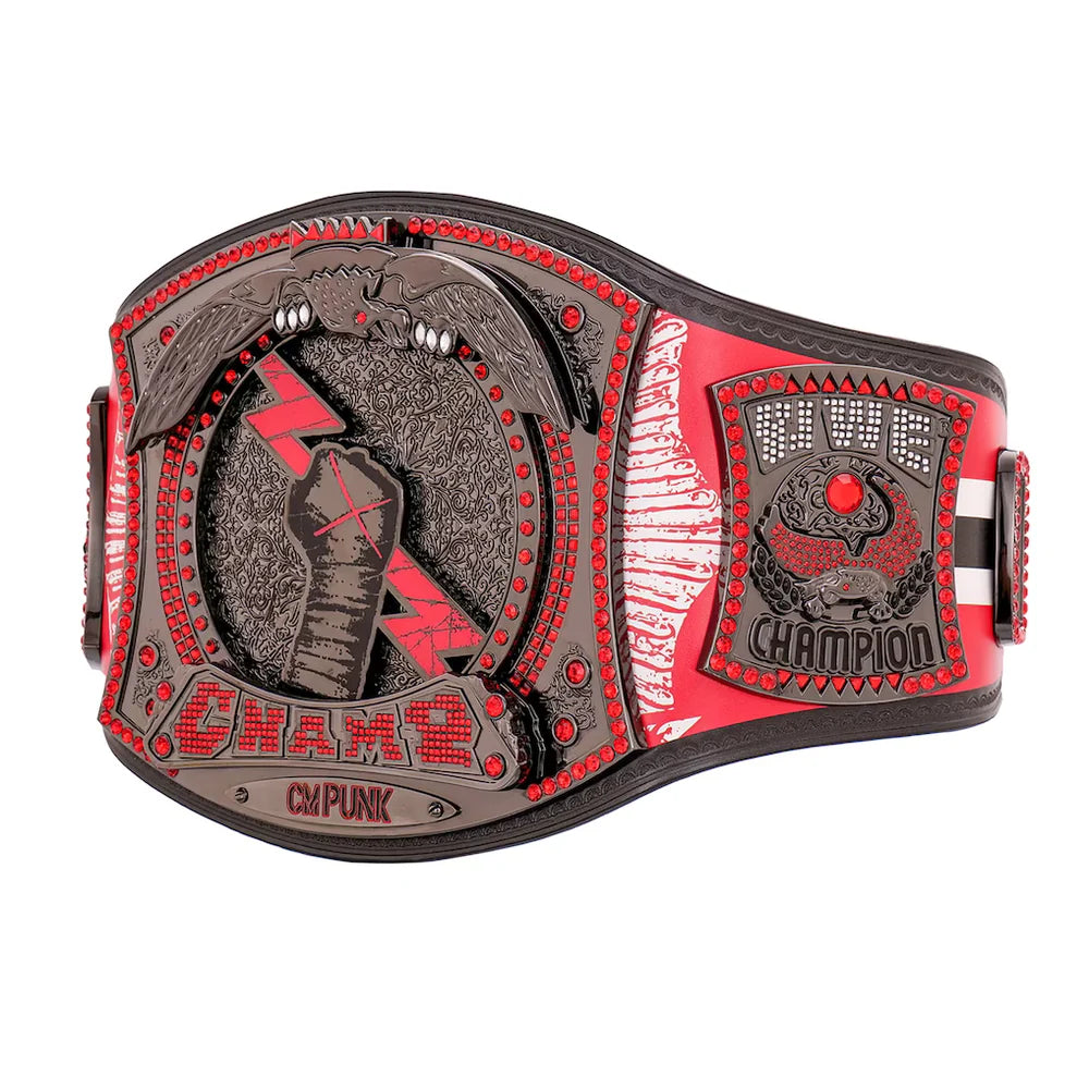 Wrestling championship belt with red and black design on a white background