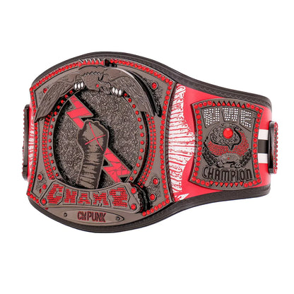 Wrestling championship belt with red and black design on a white background