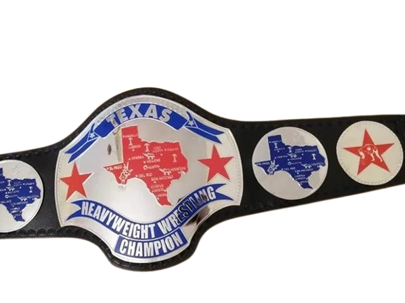 A novelty Texas Heavyweight Wrestling Champion belt featuring a large central silver plate with a red and blue map of Texas, flanked by smaller circular plates on a black strap, set against a plain white background.