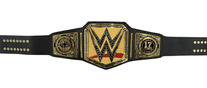 WWE Championship belt with a black leather strap and a gold, black, and red central plate on a white background.