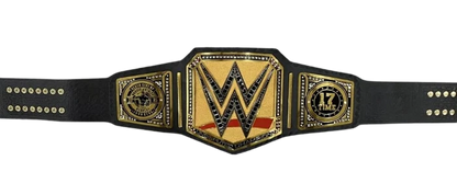 WWE Championship belt with a black leather strap and a gold, black, and red central plate on a white background.