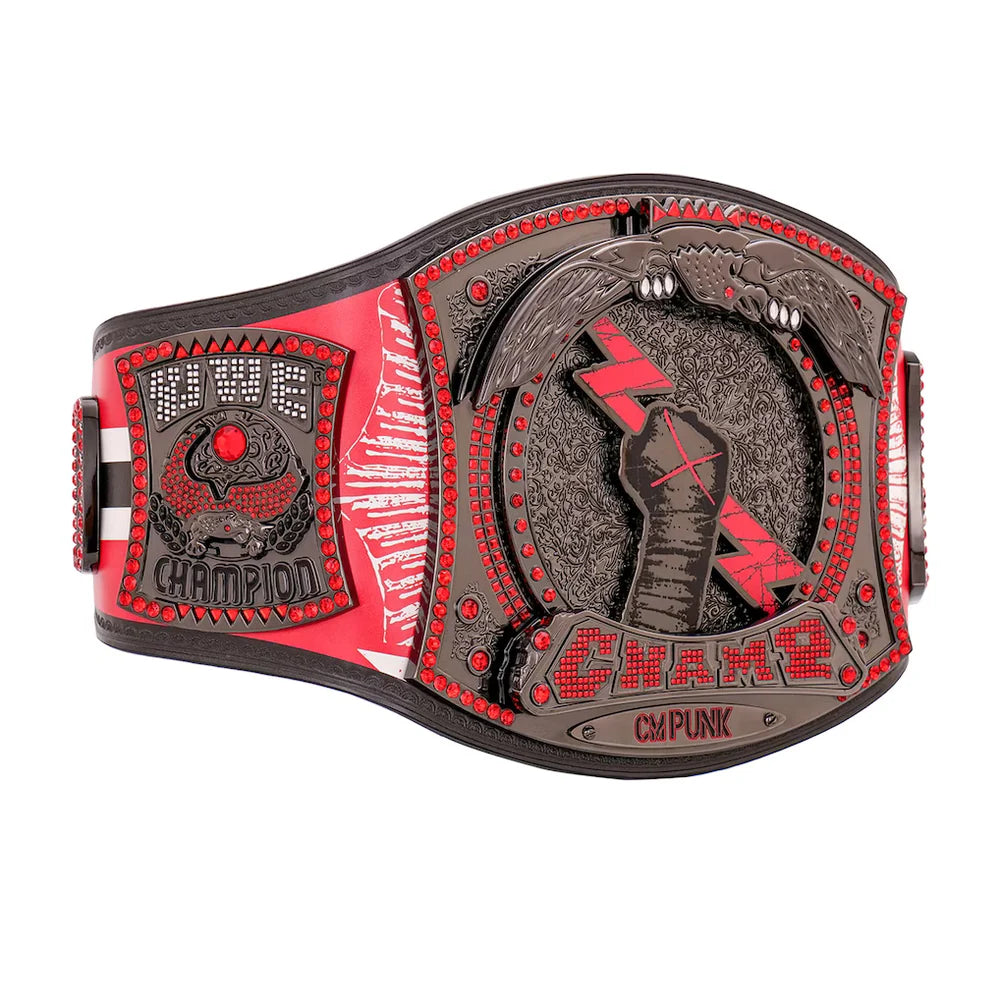 WWE championship belt with red and black design on a white background