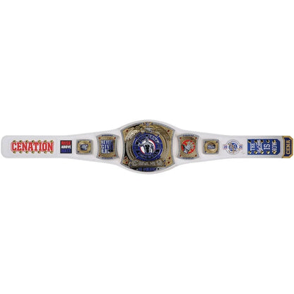Wrestling championship belt with logos on a white background