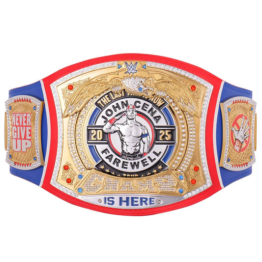 A WWE John Cena Championship belt featuring a large gold center plate with red, white, and blue accents, flanked by blue side panels with gold and red details, shown on a plain white background.