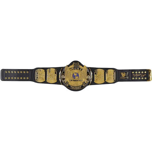 Wrestling championship belt with gold and black design on a white background