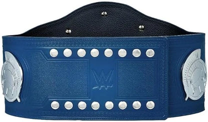 A blue WWE championship belt with silver-tone studs and side plates, shown against a plain white background.