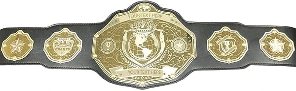A custom championship belt featuring a large central gold plate with a globe emblem and four smaller gold plates on a black strap, shown against a plain white background.