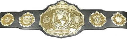 A custom championship belt featuring a large central gold plate with a globe emblem and four smaller gold plates on a black strap, shown against a plain white background.