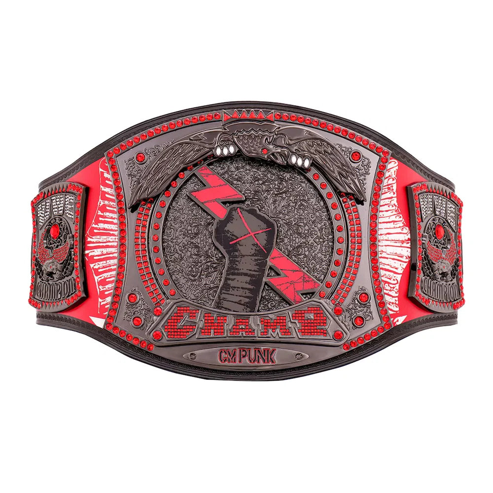 Championship belt with red and black design on a white background