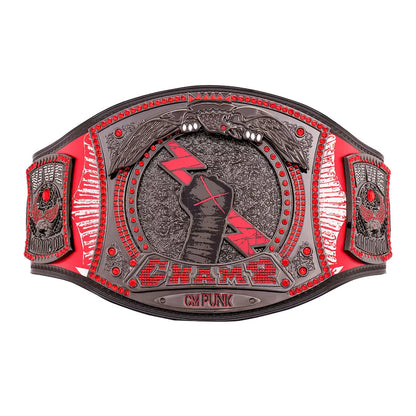 Championship belt with red and black design on a white background