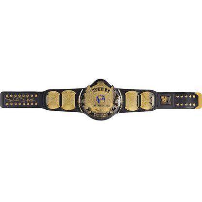 A WWE Championship belt with a black strap and gold-toned metal plates, featuring the central WWE Championship medallion and side plates, photographed against a plain white background.