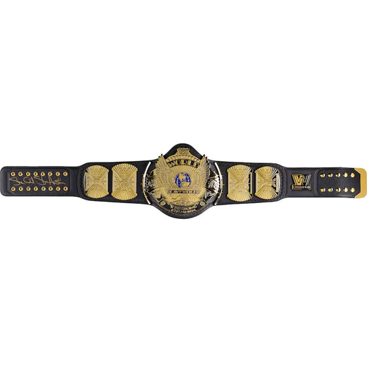 A WWE Championship belt with a black strap and gold-toned metal plates, featuring the central WWE Championship medallion and side plates, photographed against a plain white background.
