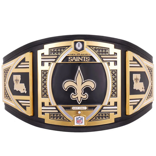 New Orleans Saints championship belt with gold and black design on a white background