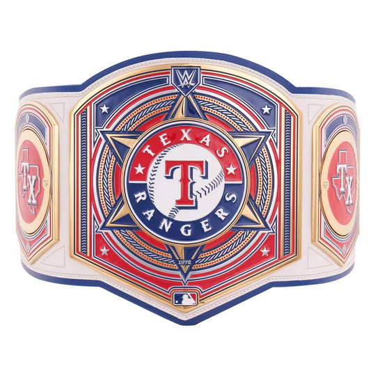 Texas Rangers championship belt with red, blue, and white colors on a white background