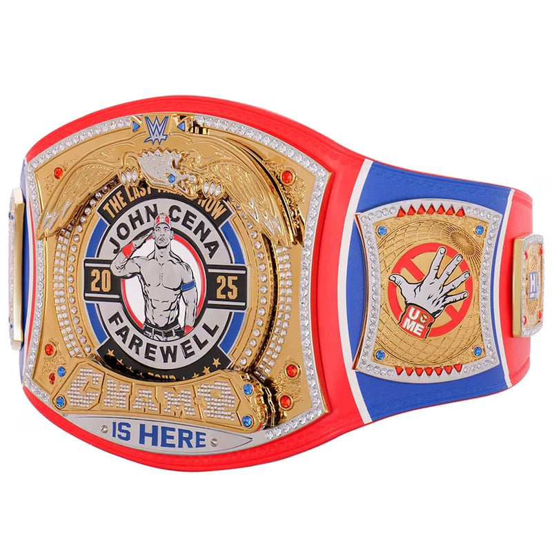 A custom WWE John Cena 'Farewell' championship belt featuring a red strap, gold-plated central plate, blue side plates, and silver rhinestone accents, shown on a plain white background.